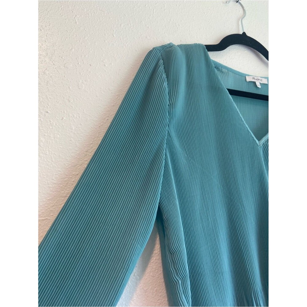 Madewell Womens Teal Pleated V-Neck Long Sleeve Blouse Flare Sleeve Elegant - Picture 5 of 16